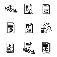 Business analysis icon. symbol with magnifying glass. dollar increase revenue. Money with arrow. finance cost. decrease rate economy stretching. lost crisis. reduction bankrupt. vector illustration