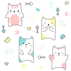 Cute cats seamless pattern hand drawn style