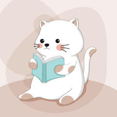 Cartoon cute cat with reading book sketch animal character