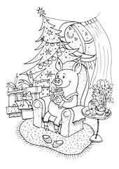 Lucky Pig. Black outline coloring book.
019 Chinese New Year of the Pig. Christmas greeting card. Handmade illustration, piggy unpacks gifts under the Christmas tree. Christmas card, poster, calendar