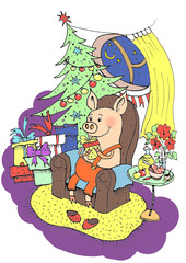 Lucky Pig.
019 Chinese New Year of the Pig. Christmas greeting card. Handmade illustration, piggy unpacks gifts under the Christmas tree. Christmas card, poster, calendar, hand drawn style 