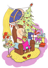 Lucky Pig.
019 Chinese New Year of the Pig. Christmas greeting card. Handmade illustration, piggy unpacks gifts under the Christmas tree. Christmas card, poster, calendar, hand drawn style 