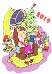 Obraz na płótnie Canvas Lucky Pig. 019 Chinese New Year of the Pig. Christmas greeting card. Handmade illustration, piggy unpacks gifts under the Christmas tree. Christmas card, poster, calendar, hand drawn style 