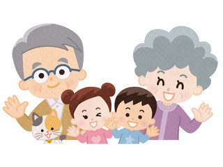 祖父母と孫とペットの猫　春服