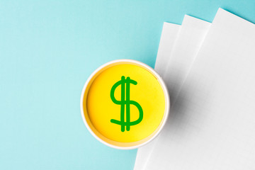 Money dollar green symbol illustrated on mug and blue background