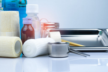 Wound care dressing set and stainless steel plate, forceps, iodine cup, conform bandage, elastic cohesive retention bandage, antiseptic and normal saline bottle, instruments container. Medical supply.