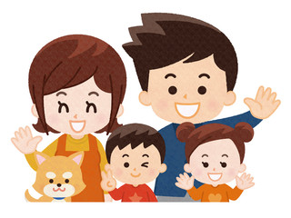 仲良し親子とペットの犬　秋服