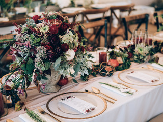Perfect wedding decoration. Flower table decorations for wedding party. Wedding Setup.