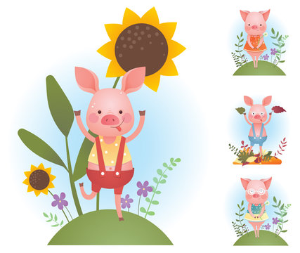 Funny piggy backgrounds set - vector color illustration