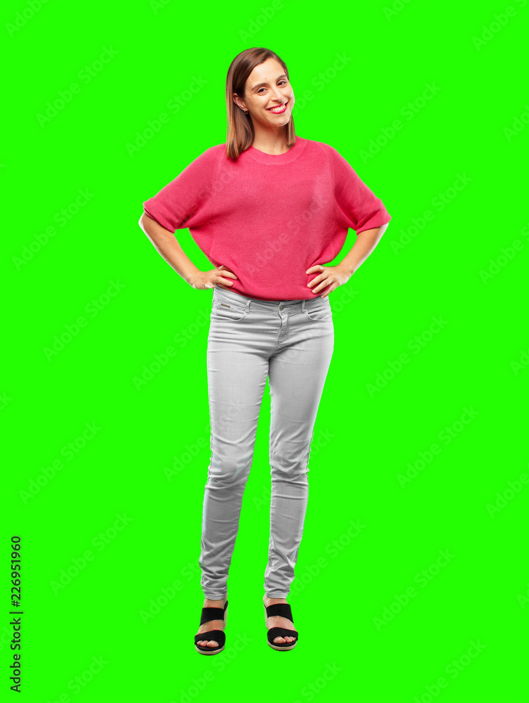 Poster young woman full body. smiling proudly and confidently with arms hands on hips in akimbo pose, happy and sure of success, giving an 