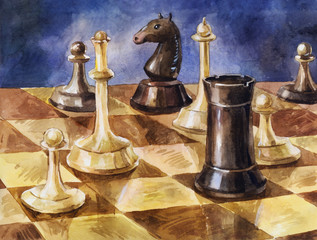 Fototapeta na wymiar Wooden chess on the board. Hand drawn watercolor vintage background or illustration of intellectual game