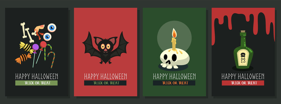 Happy Halloween vector postcard with cartoon character collection.
