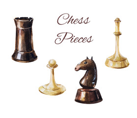 Chess pieces on white background. Vintage game elements