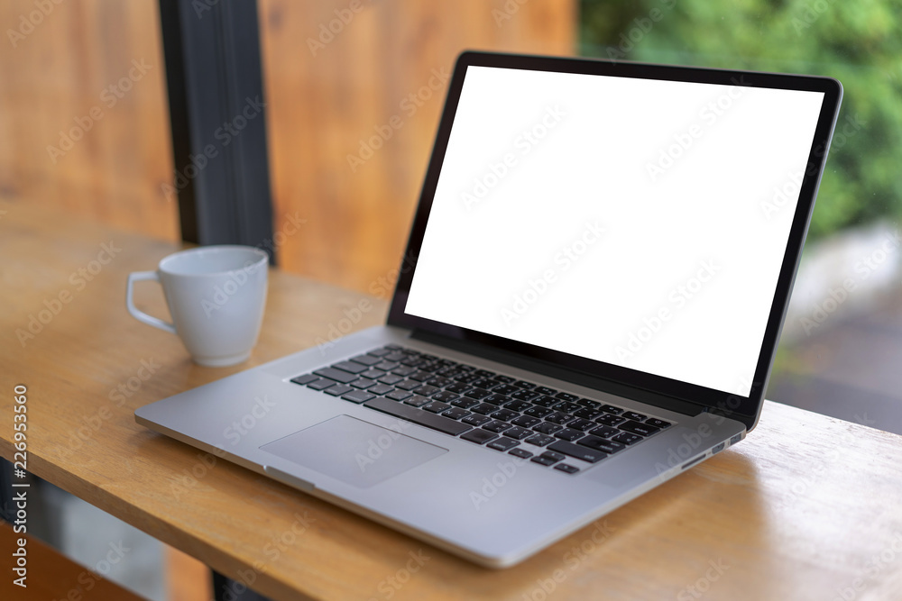 Poster mock up using laptop with blank screen computer modern