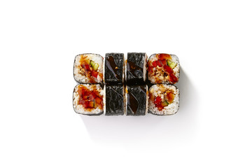 Set of Uramaki Sushi with Fish, Cheese and Vegetables Isolated