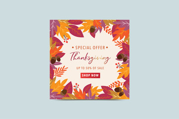 Thanksgiving calligraphy with colorful leaves. Seasonal lettering. Web banner template. Vector illustration