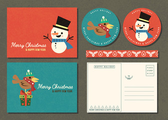 Fototapeta premium Merry Christmas and Happy new year greeting card set with cartoon character