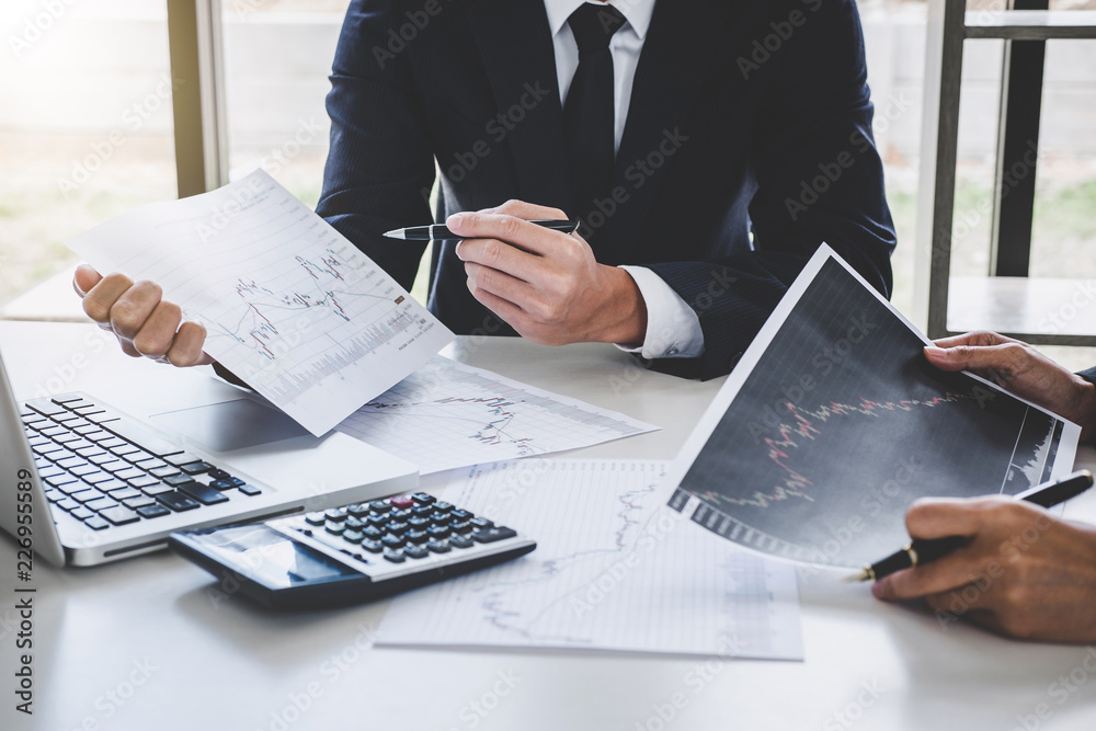 Poster business team investment working with computer and analysis graph stock market trading with stock ch