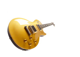 Fototapeta na wymiar Vintage Gold top electric solid body guitar, isolated on white. Single cutaway.