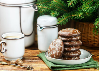 Delicious gingerbread cookies with icing sugar and chocolate for Christmas. New year. Dessert for gourmets