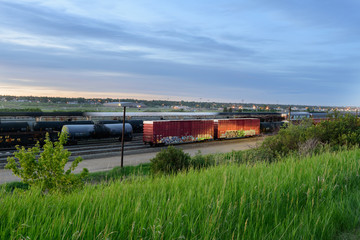 freight train on the railway at dusk