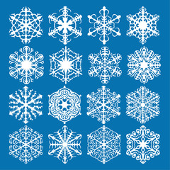 Snowflake vector icon background set blue color. Winter white christmas snow flake crystal element. Weather illustration ice collection. Xmas frost flat isolated silhouette symbol