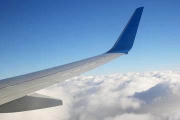 The wing of an airplane above the clouds