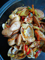 Malaysian dishes spicy Paphia textile, lala masak pedas. selective focus.