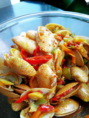 Malaysian dishes spicy Paphia textile, lala masak pedas. selective focus.