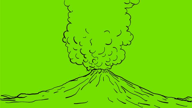 2d Animation motion graphics showing a drawing of a volcano erupting into a cloud of smoke on white and green screen with alpha matte in HD high definition.