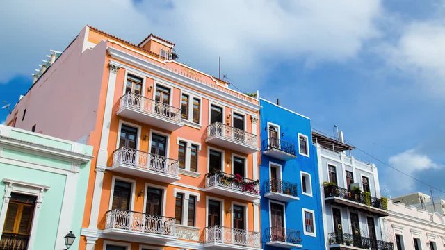 Time lapse of colorful orange and blue buildings in the street of San Juan, Puerto Rico