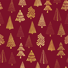 Hand drawn Christmas trees gold foil on red seamless vector pattern background. Metallic shiny golden trees. Elegant design for women, Christmas, New Year, gift wrap, party invitation, cards, pagefill