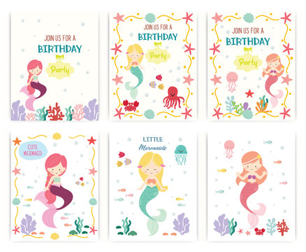 Set of cute mermaid theme birthday party invitation card vector illustration.