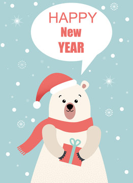 Happy New Year greeting card with cute cartoon bear with gifts.