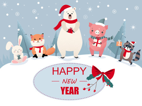 Happy New Year greeting card with cute cartoon animals and pig.