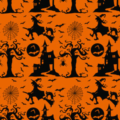 Scary halloween silhouette background with haunted house, old tree, Bats, Cobwed and a a witch flying on a broomstick