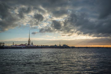 Naklejka premium Sunrise over the Neva river. Peter-Pavel's Fortress. Saint Petersburg.