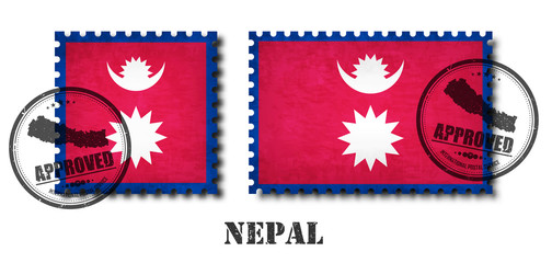 Nepal or nepalese flag pattern postage stamp with grunge old scratch texture and affix a seal on isolated background . Black color country name with abrasion . Square and rectangle shape . Vector