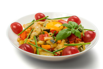 Fried Vegetable Mix with Zucchini, Sweet Pepper, Tomatoes, Onions Close Up