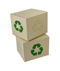 Boxes with Recycle Sign in different sizes stacked boxes isolated on white background