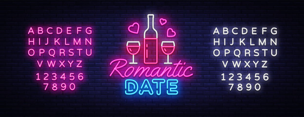 Romantic Date neon sign vector design template. Romantic dinner neon logo, light banner design element colorful modern design trend, night bright advertising. Vector. Editing text neon sign