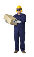portrait of a worker in Mechanic Jumpsuit Was carrying a box isolated on white background