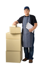 delivery man in Black shirt and apron with stack of boxes isolated