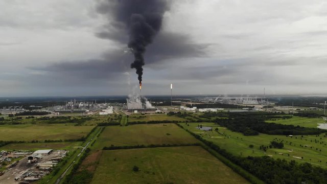 Chemical Plant Conducting Controlled Flaring to Burn Off Excess Materilas in Channelview near Houston, Texas Filmed by Drone