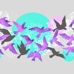 Artistic watercolor background: flying bird silhouettes, fluid shapes filled with minimal, grunge, doodle textures.