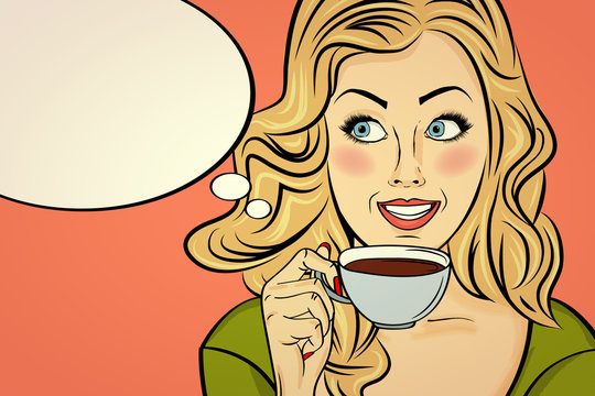 Sexy blonde pop art woman with coffee cup