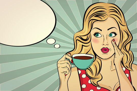 Sexy blonde pop art woman with coffee cup