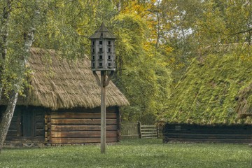 Stare chaty kryte słomą, jesienny wiejski widok, rekonstrukcja starej wioski, dwie chałupy kryte strzechą i gołębnik