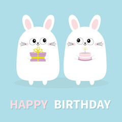 Obraz na płótnie Canvas Happy Birthday. White bunny rabbit holding gift box, cake. Funny head face. Big eyes. Cute kawaii cartoon character. Baby greeting card template. Blue background. Flat design.