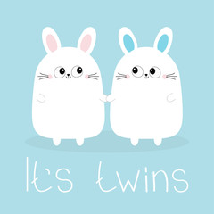 Obraz na płótnie Canvas Its twins. Boy Girl. Two cute twin bunny rabbit set holding hands. Hare head couple family icon. Cute cartoon funny smiling character set. Blue background. Isolated. Flat design